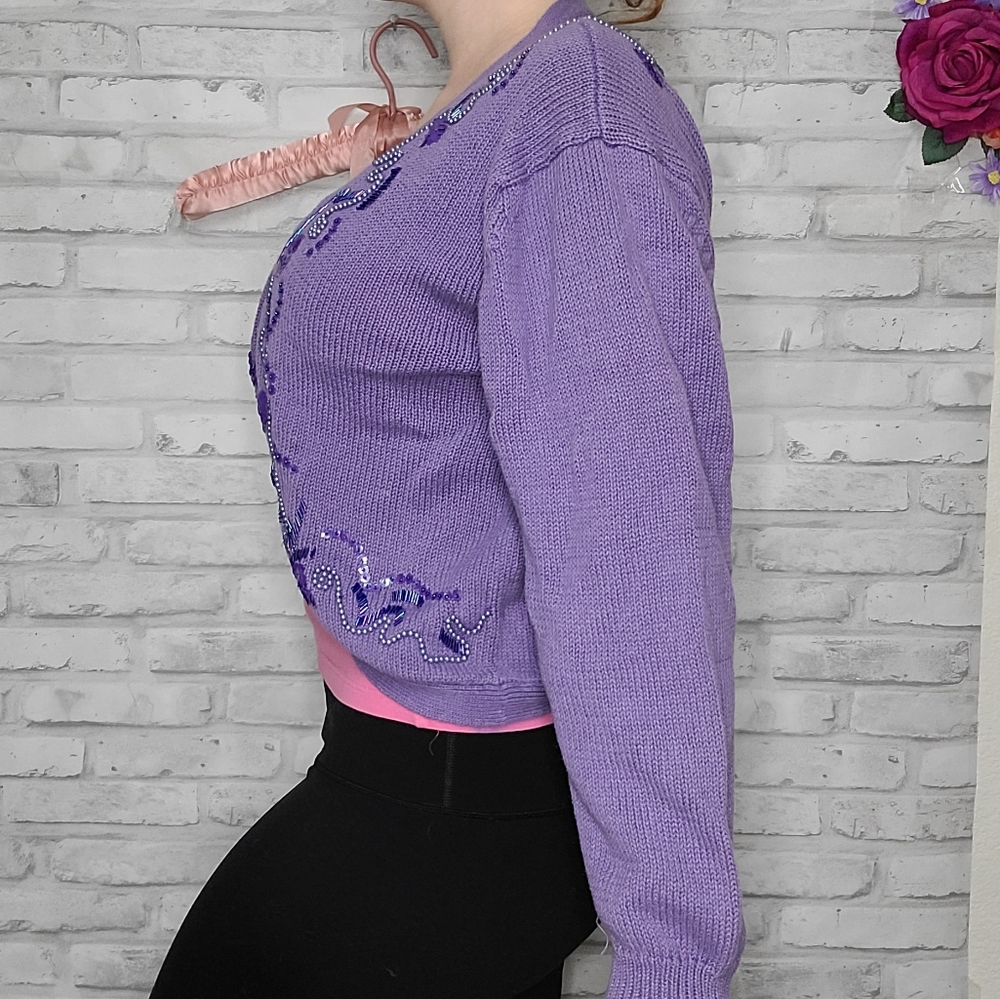 Vintage Purple Beaded Sequin Knit Cardigan Grandmacore - Picture 5 of 12